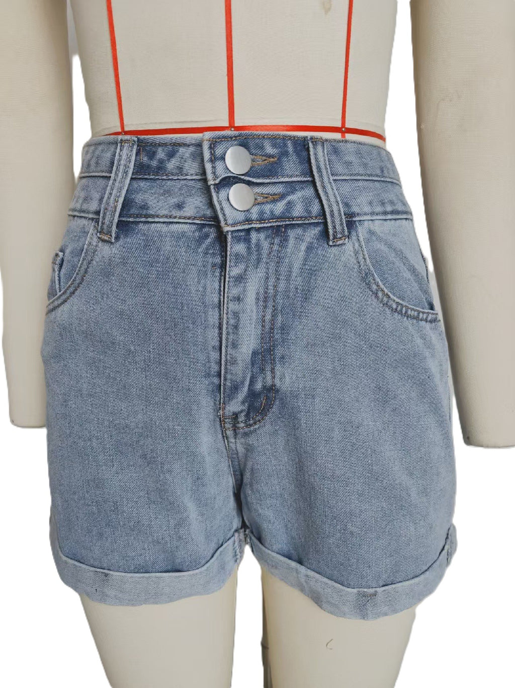 High Waisted Rolled Hem Denim Shorts - Blue