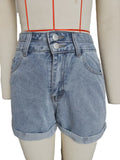 High Waisted Rolled Hem Denim Shorts - Blue
