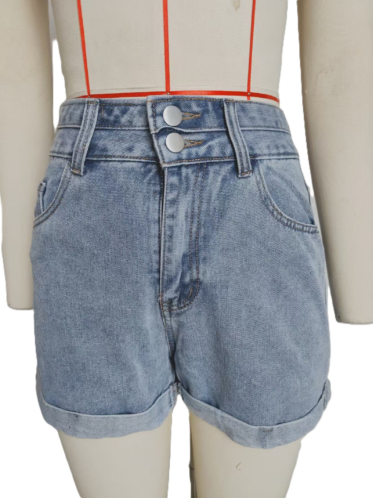 High Waisted Rolled Hem Denim Shorts - Blue