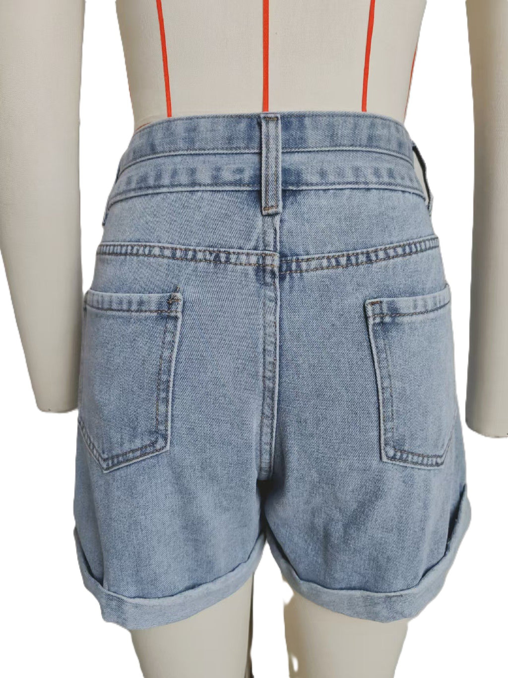 High Waisted Rolled Hem Denim Shorts - Blue - 2