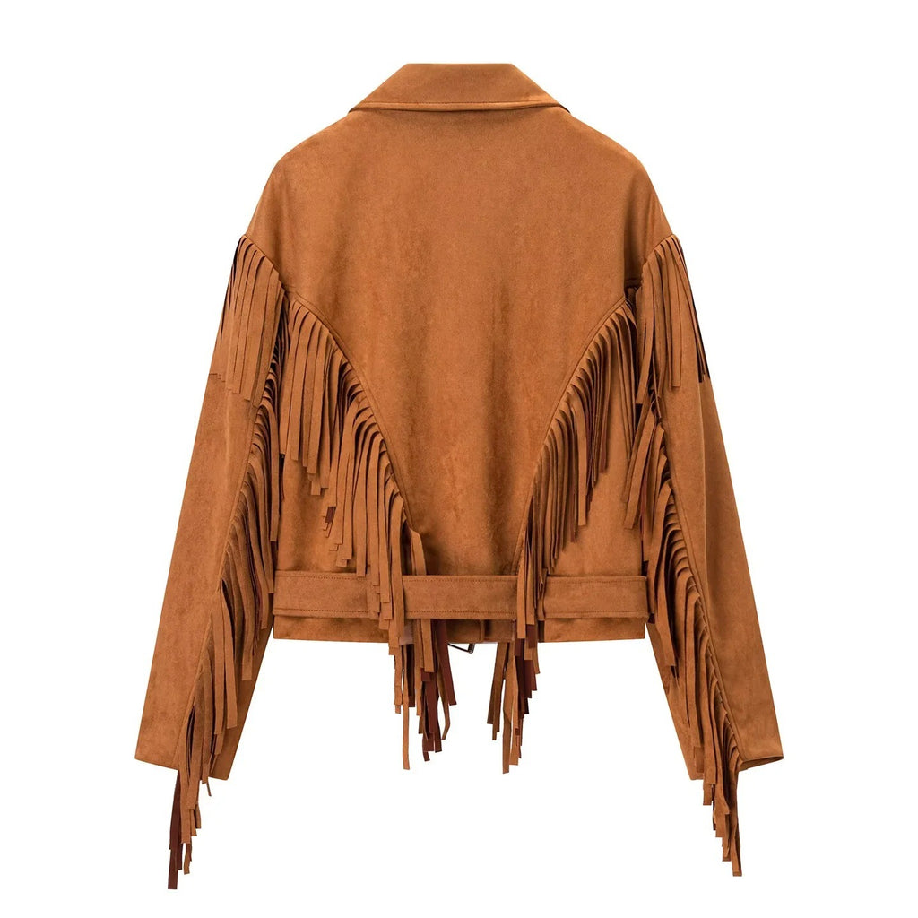Faux Suede Fringe Western Moto Jacket - Brown - 1