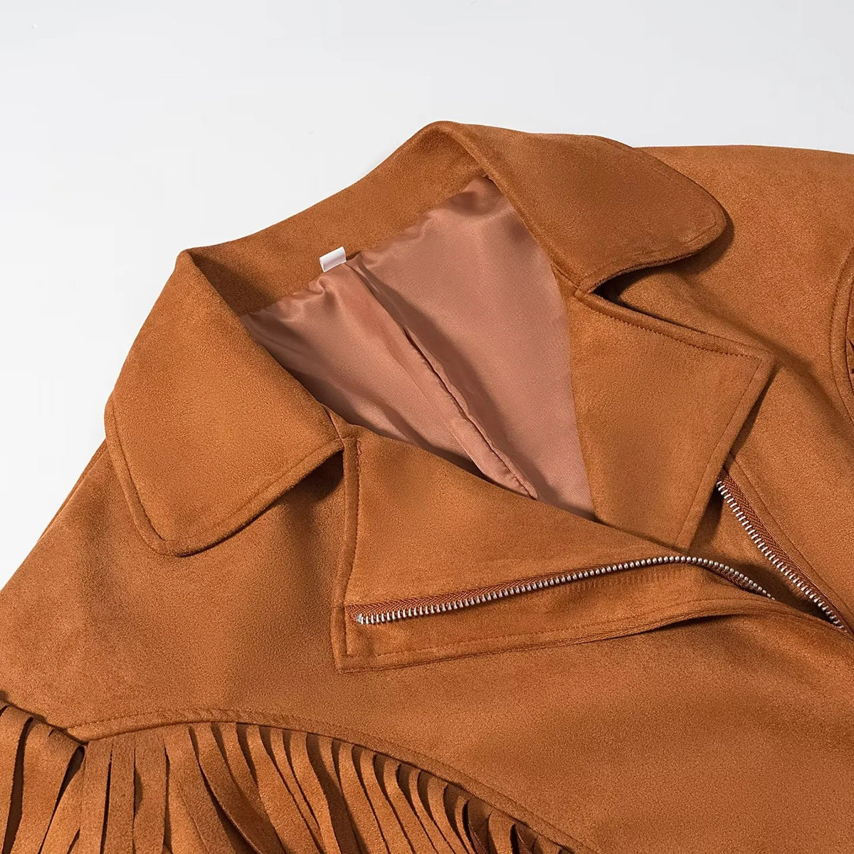 Faux Suede Fringe Western Moto Jacket - Brown - 2