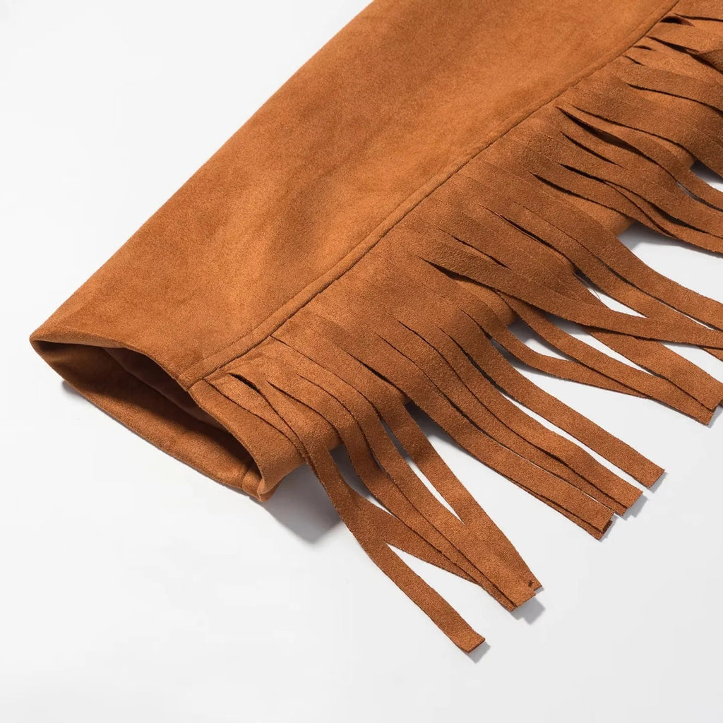 Faux Suede Fringe Western Moto Jacket - Brown - 3