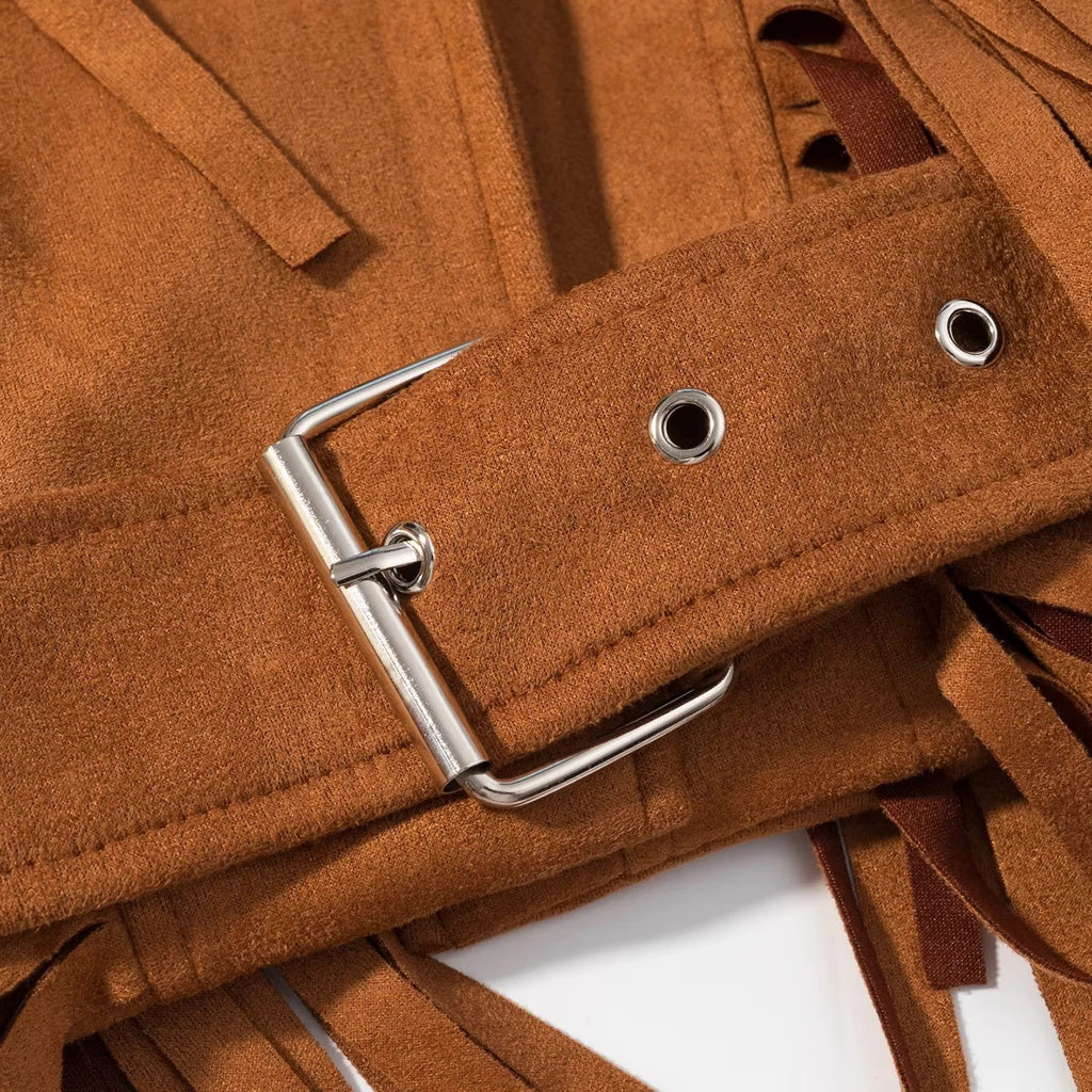 Faux Suede Fringe Western Moto Jacket - Brown - 6