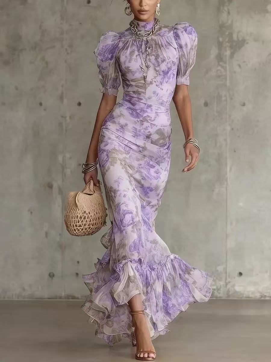 Mock Neck Floral Maxi Dress With Ruffle Hem - Purple