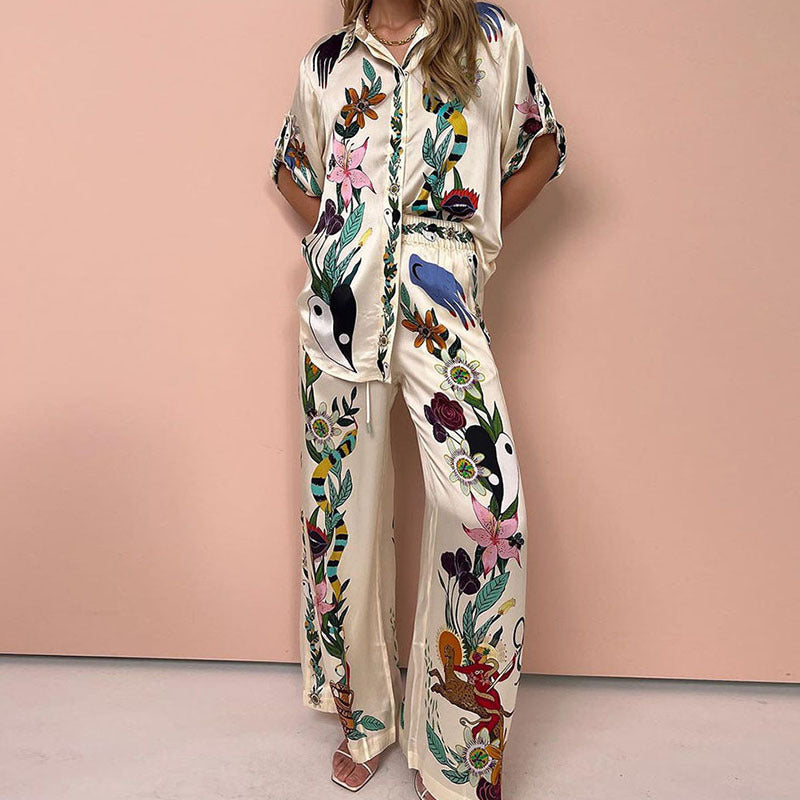 Tropical Scenic Print Wide Leg Lounge Set - Apricot