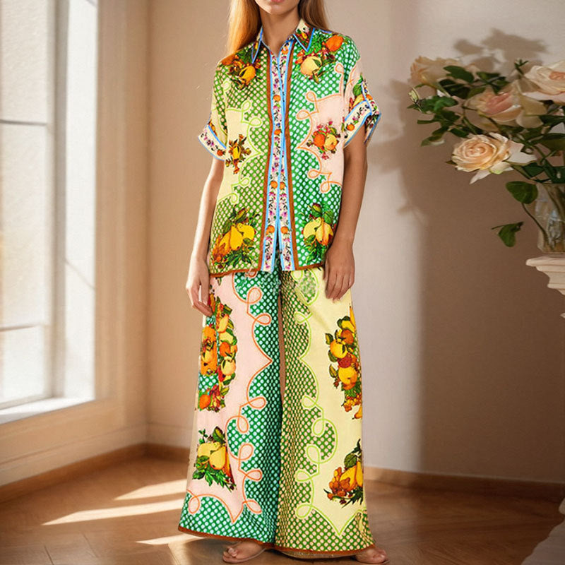 Tropical Scenic Print Wide Leg Lounge Set - Green