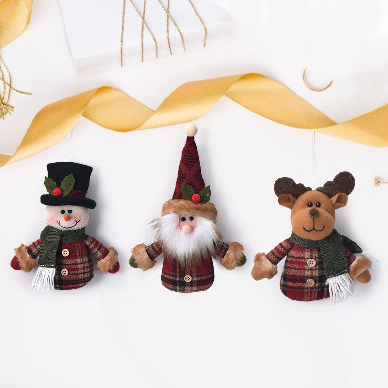 Plaid Plush Santa, Snowman and Reindeer Tree Ornaments
