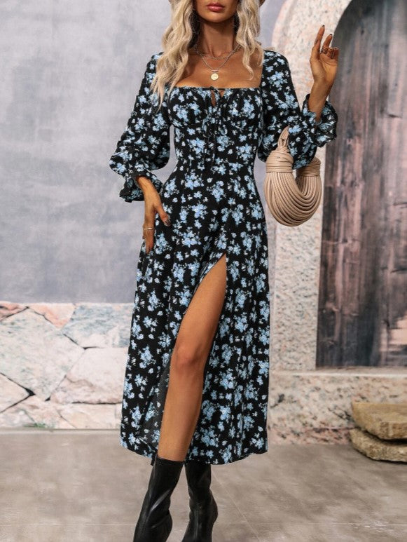 Floral Puff Sleeve High Slit Midi Dress - Blue
