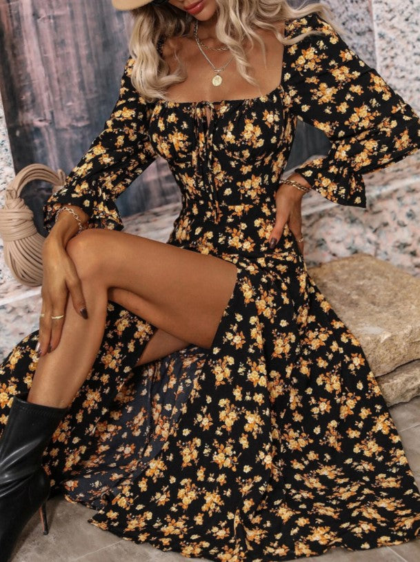 Floral Puff Sleeve High Slit Midi Dress - Gold