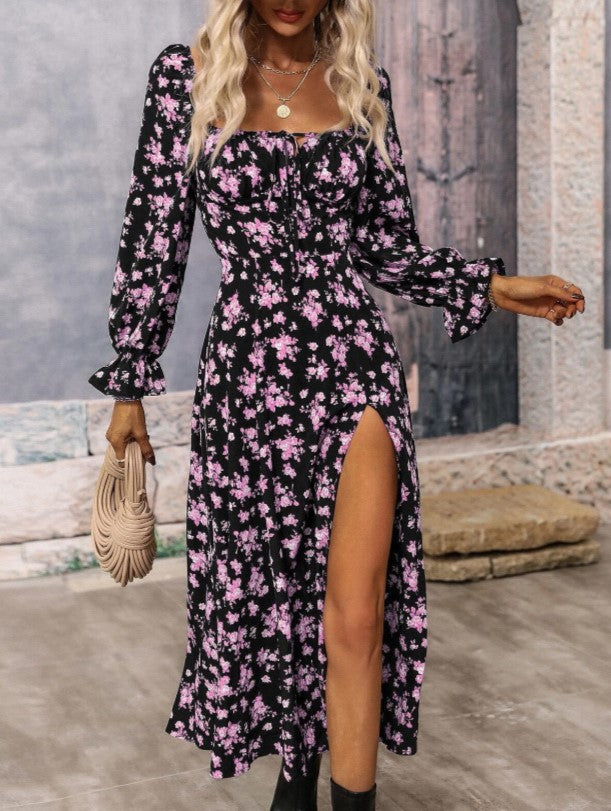 Floral Puff Sleeve High Slit Midi Dress - Purple