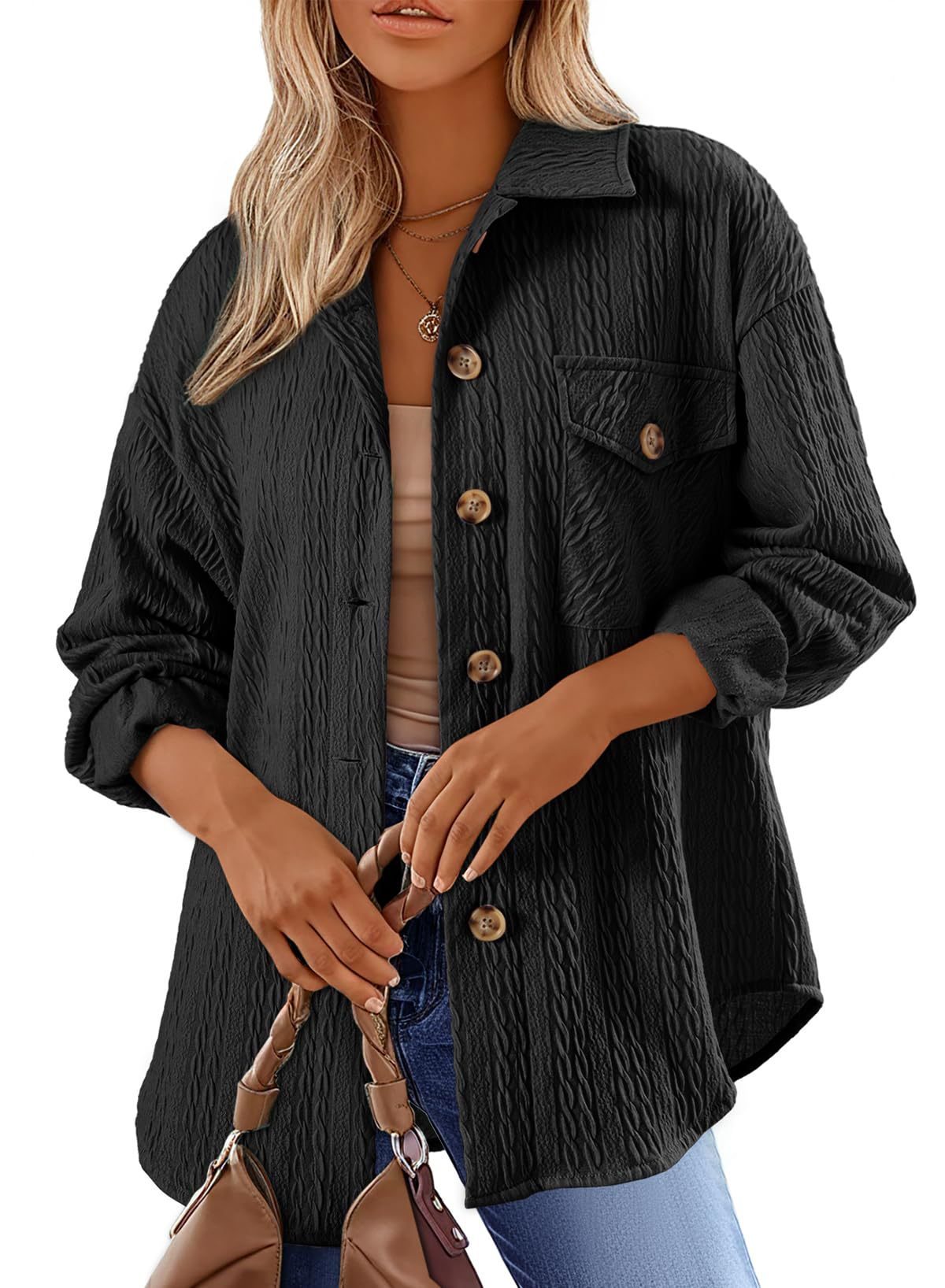 Cable Texture Chest Pocket Shirt Jacket - Black