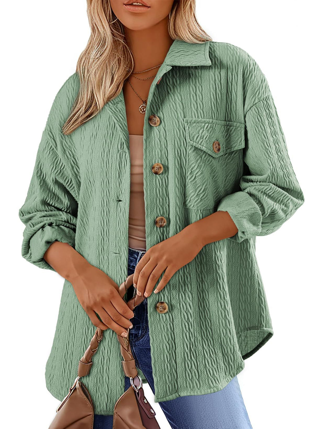 Cable Texture Chest Pocket Shirt Jacket - Green