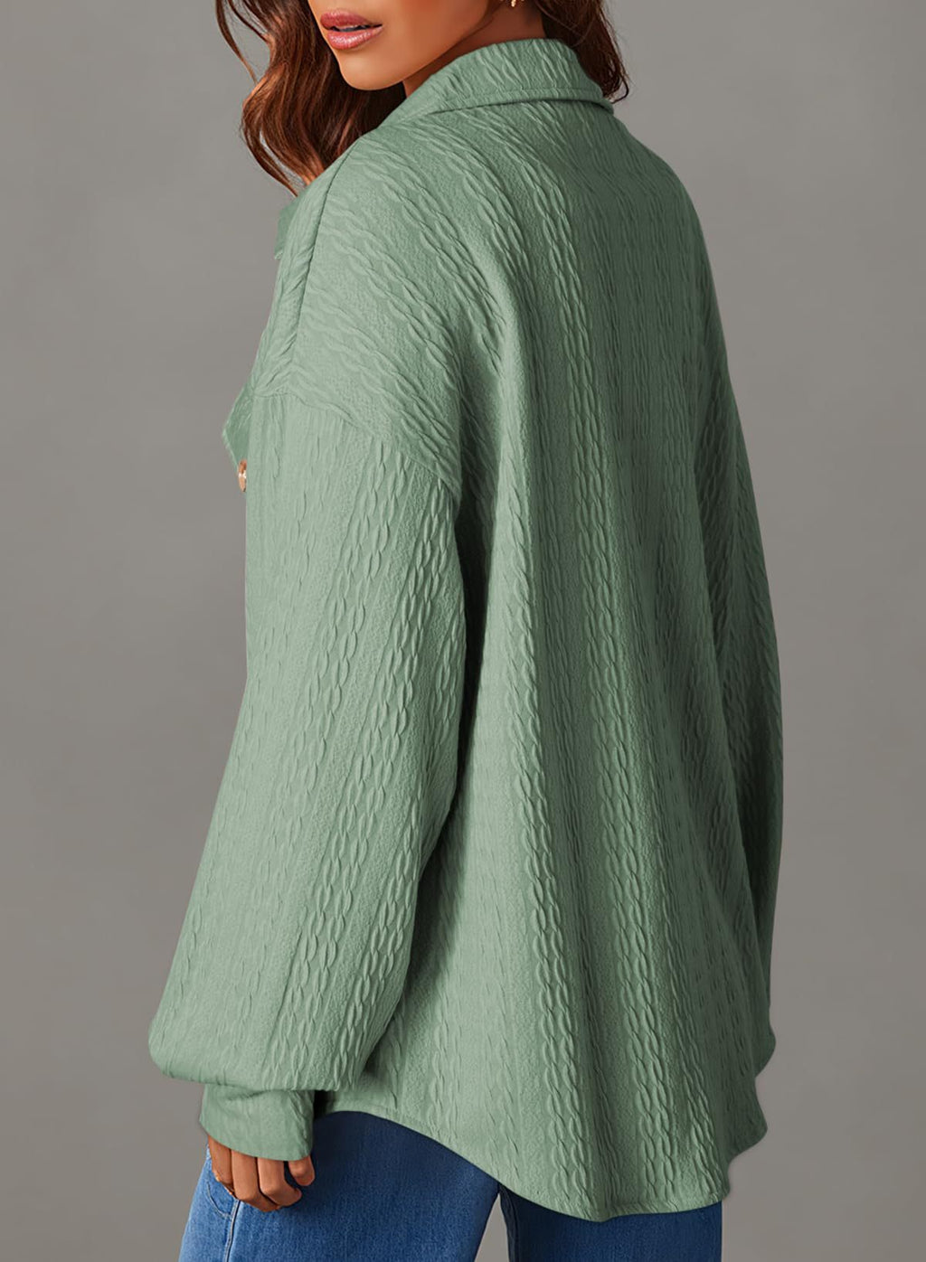 Cable Texture Chest Pocket Shirt Jacket - Green - 1