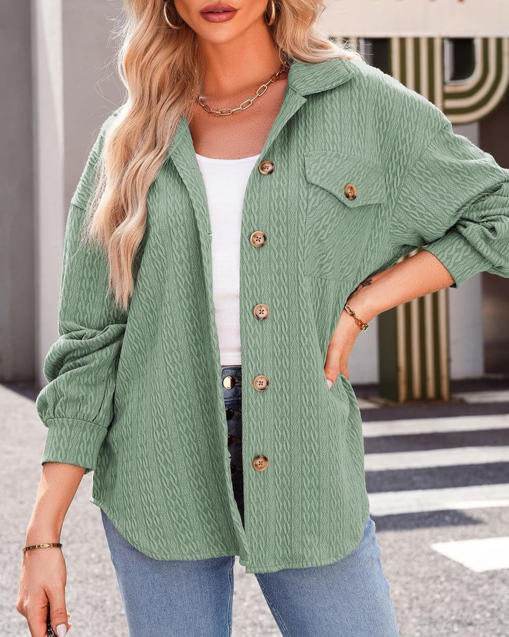 Cable Texture Chest Pocket Shirt Jacket - Green - 2