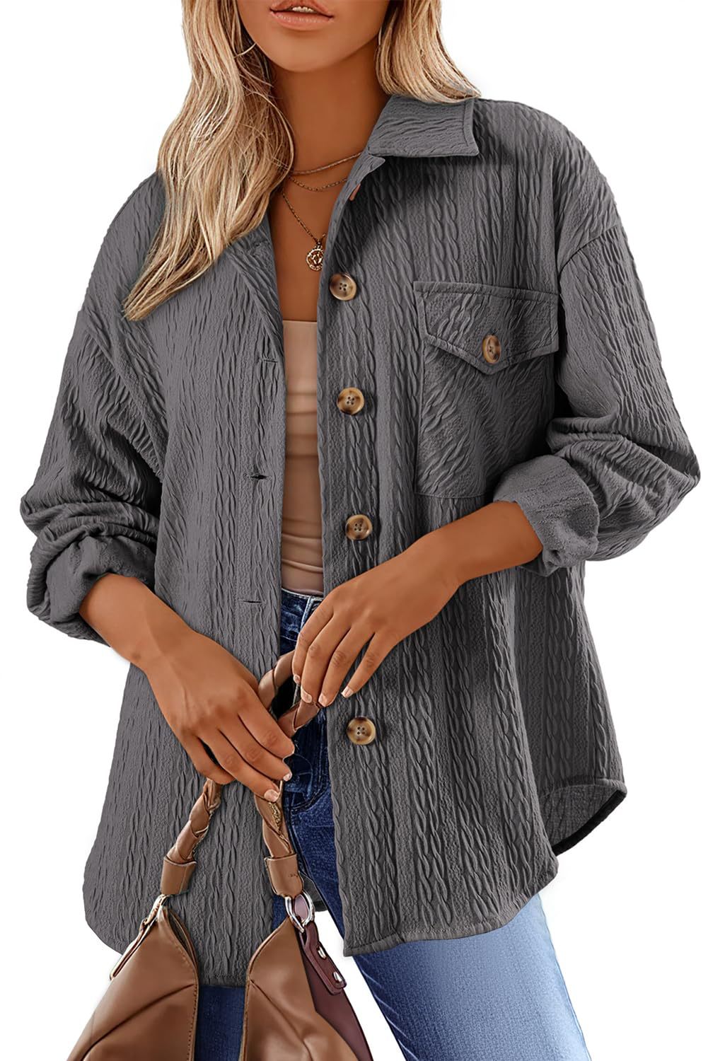 Cable Texture Chest Pocket Shirt Jacket - Grey