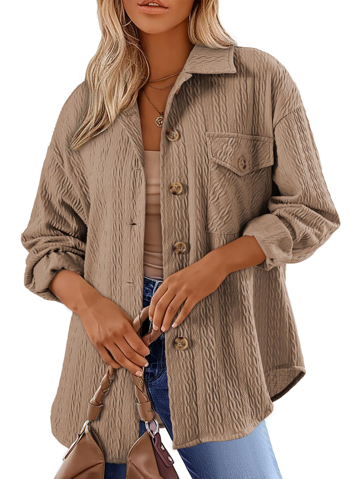 Cable Texture Chest Pocket Shirt Jacket - Khaki
