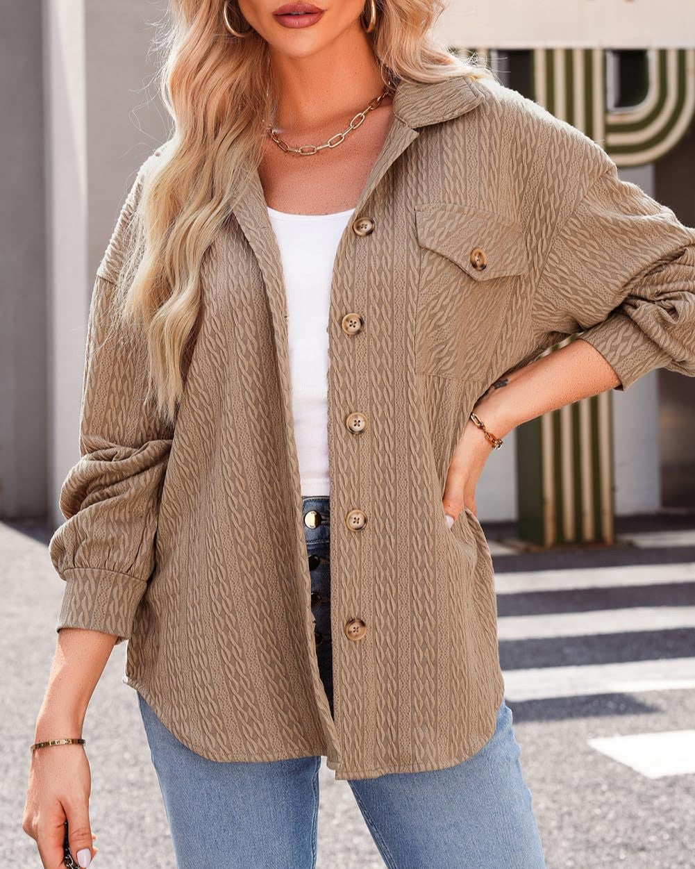 Cable Texture Chest Pocket Shirt Jacket - Khaki - 1