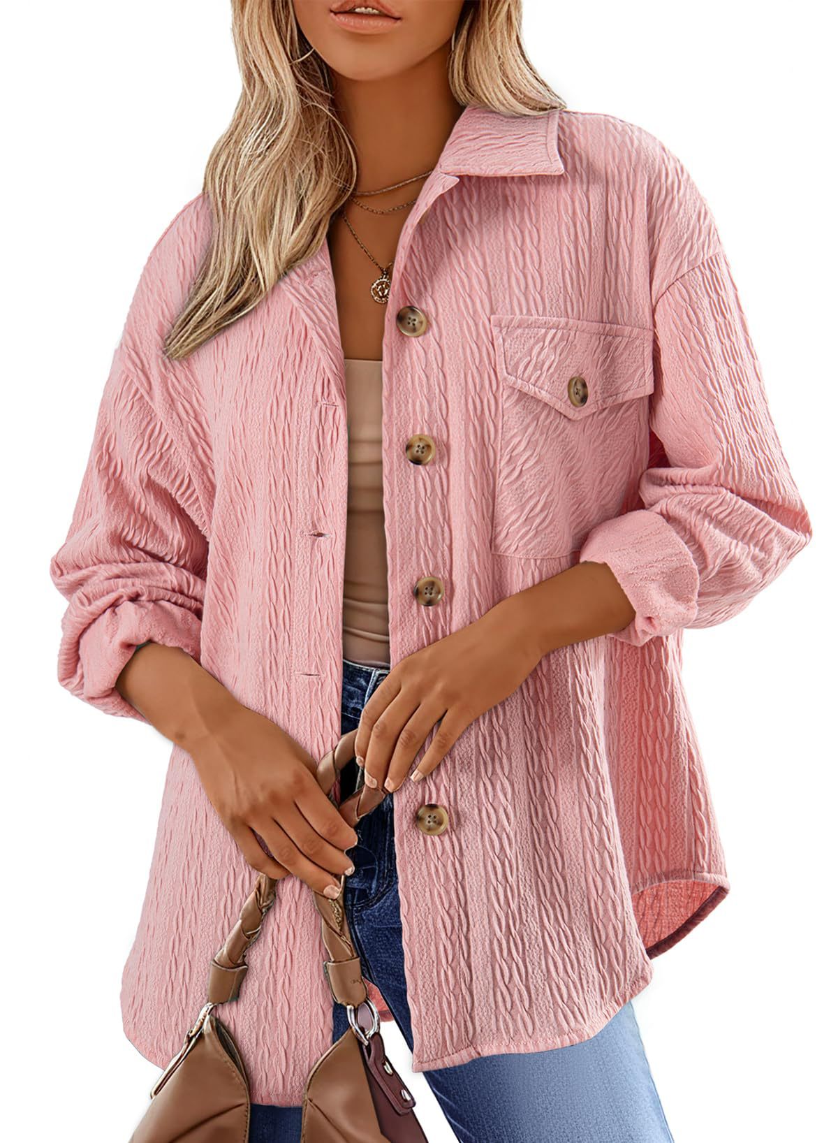 Cable Texture Chest Pocket Shirt Jacket - Pink