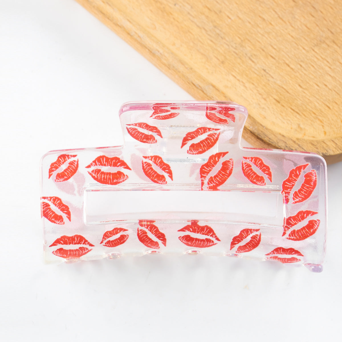 Clear Rectangle Hair Claw With Heart Print - NO04