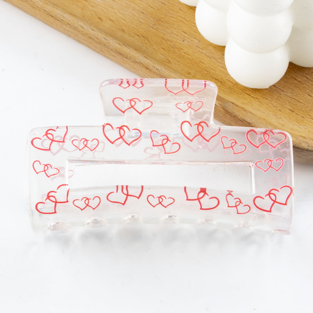 Clear Rectangle Hair Claw With Heart Print - NO06