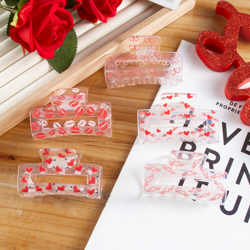 Clear Rectangle Hair Claw With Heart Print - view 3