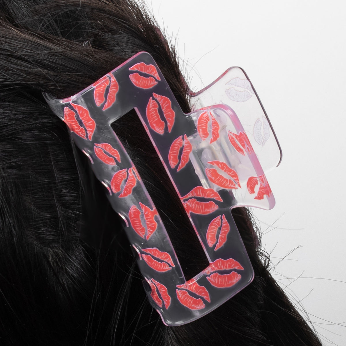 Clear Rectangle Hair Claw With Heart Print - view 4