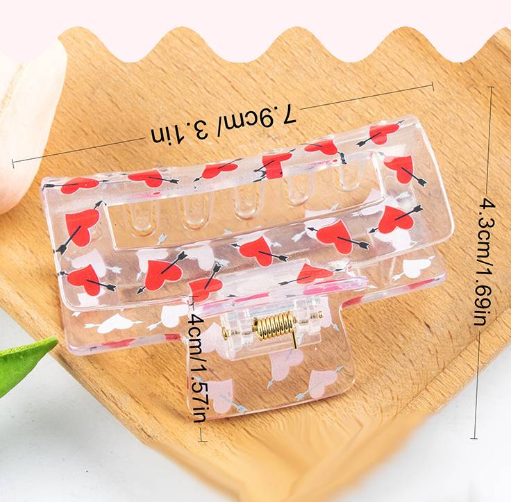 Clear Rectangle Hair Claw With Heart Print - view 5