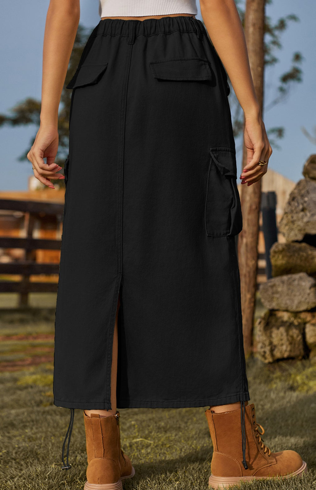 Ruched Drawstring Hem Cargo Midi Skirt - Black - 3