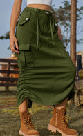 Ruched Drawstring Hem Cargo Midi Skirt - Green