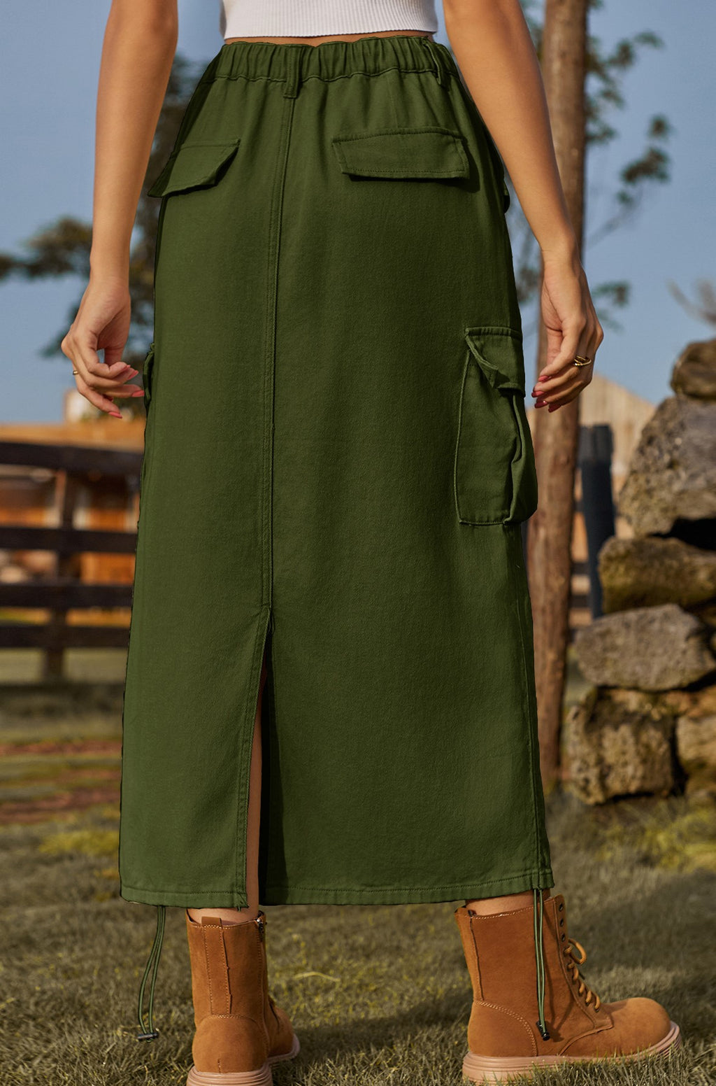 Ruched Drawstring Hem Cargo Midi Skirt - Green - 1