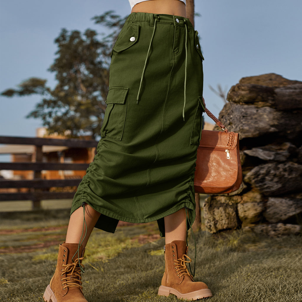 Ruched Drawstring Hem Cargo Midi Skirt - Green - 2
