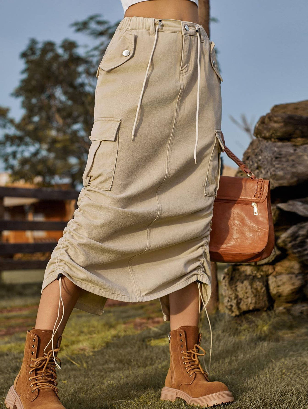 Ruched Drawstring Hem Cargo Midi Skirt
