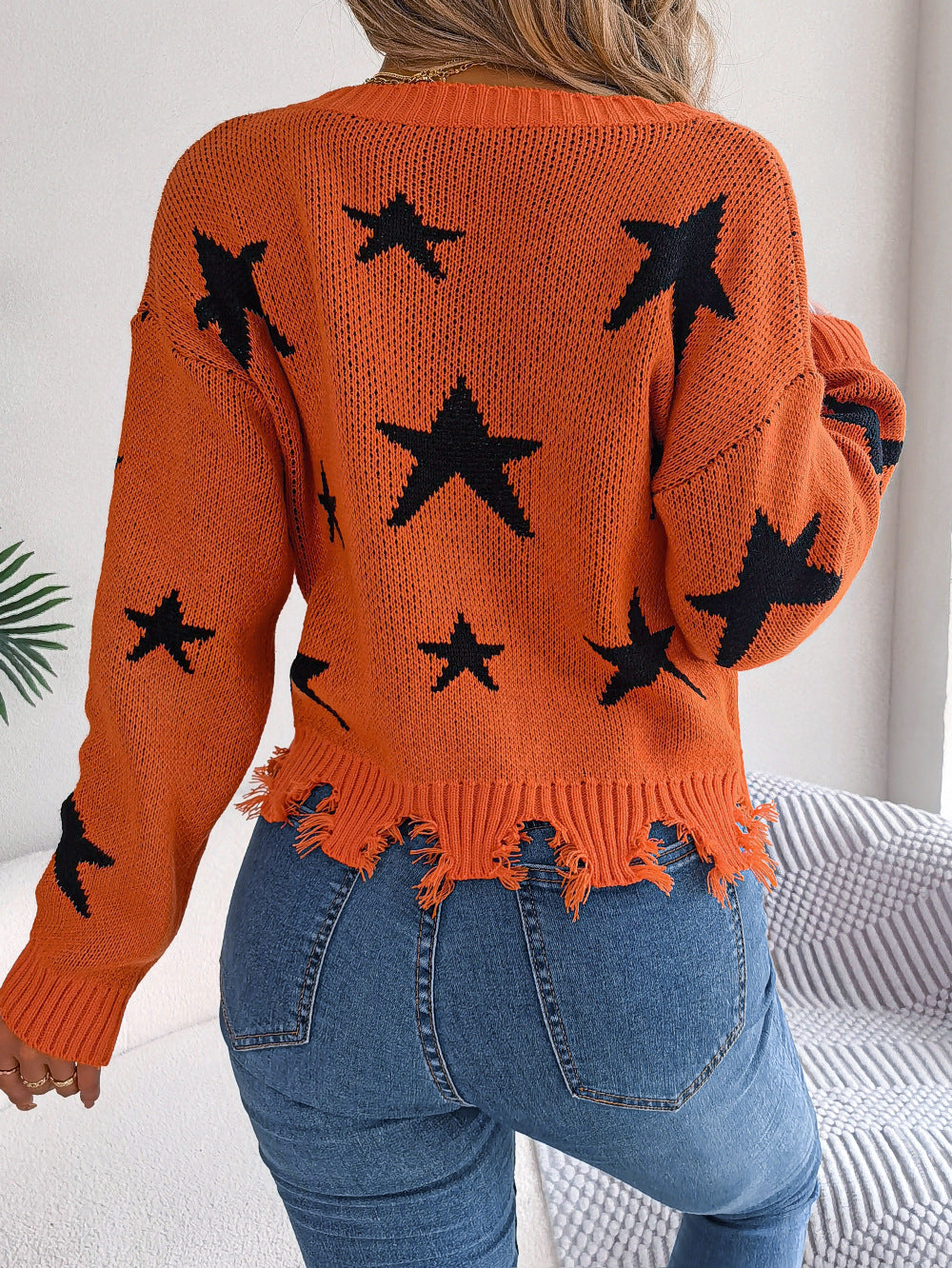 Star Intarsia Distressed Hem V Neck Sweater - Orange - 2