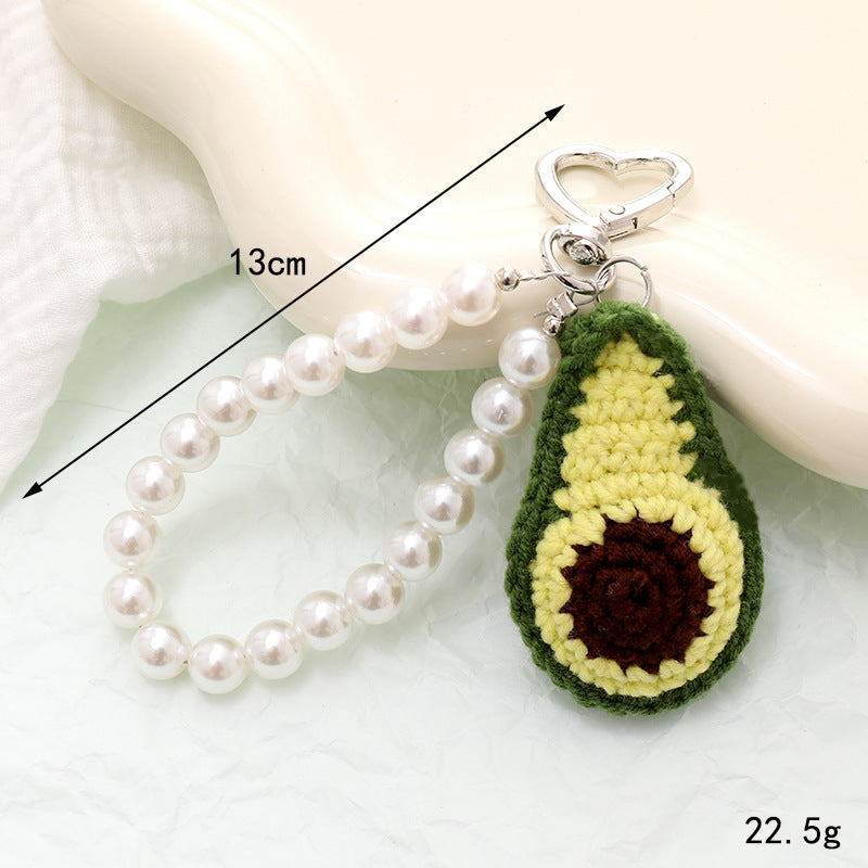 Crochet Fruit Charm Pearl Beaded Keychain - Avocado