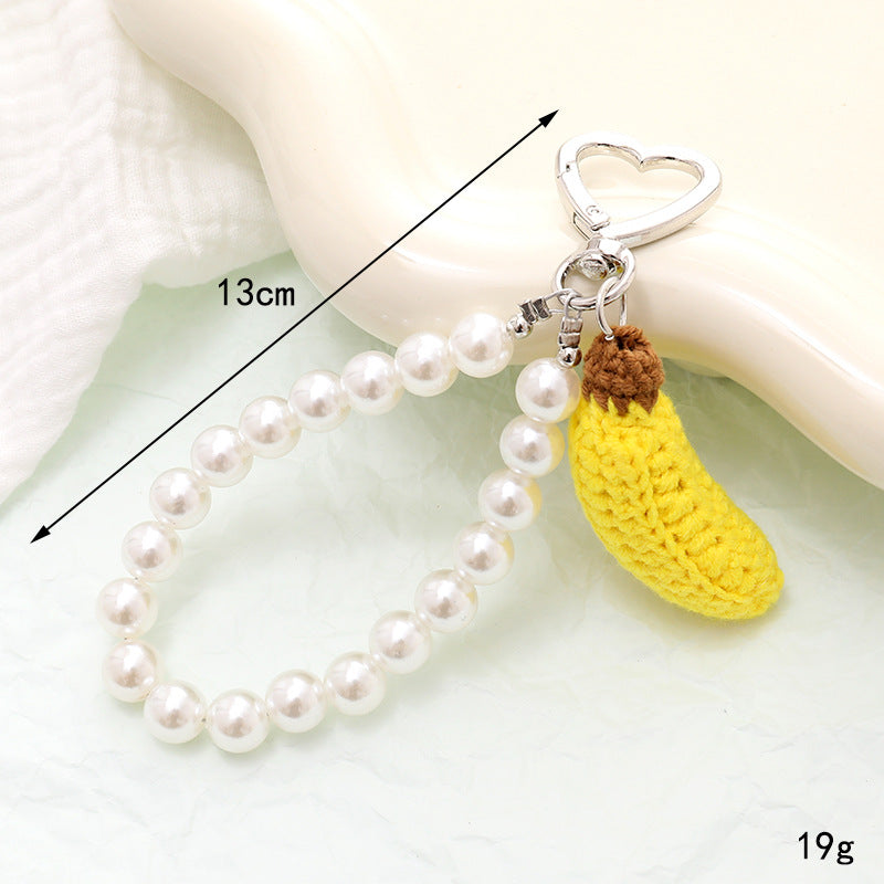 Crochet Fruit Charm Pearl Beaded Keychain - Banana