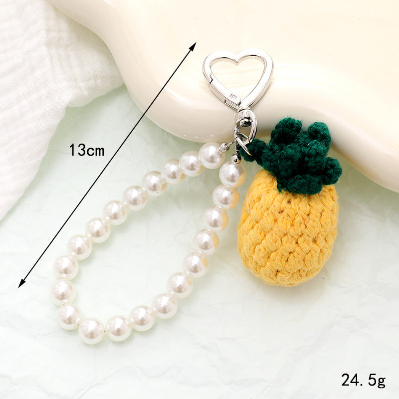 Crochet Fruit Charm Pearl Beaded Keychain - Pineapple