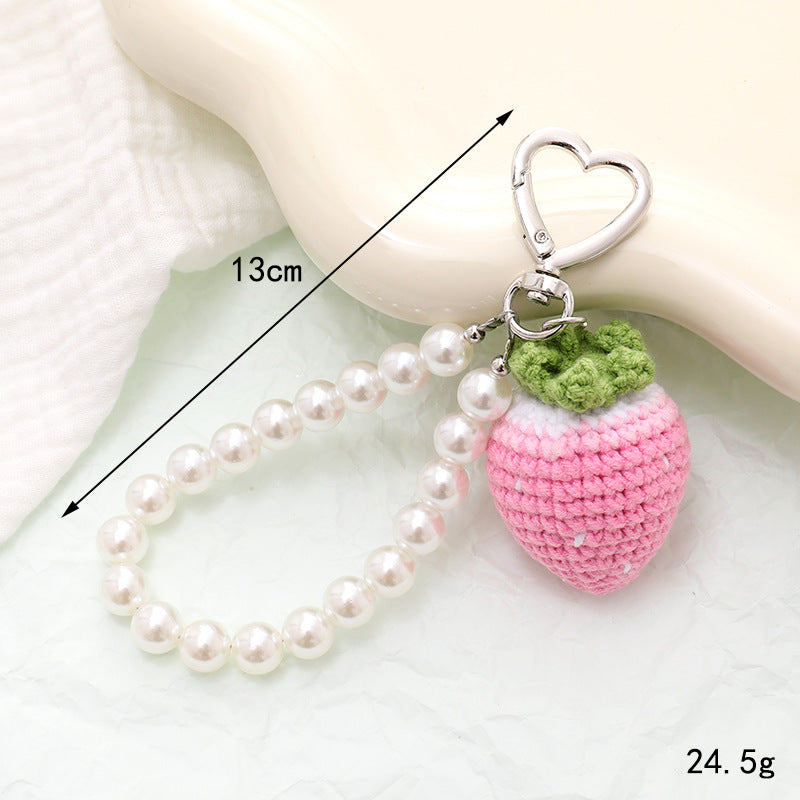 Crochet Fruit Charm Pearl Beaded Keychain - Pink