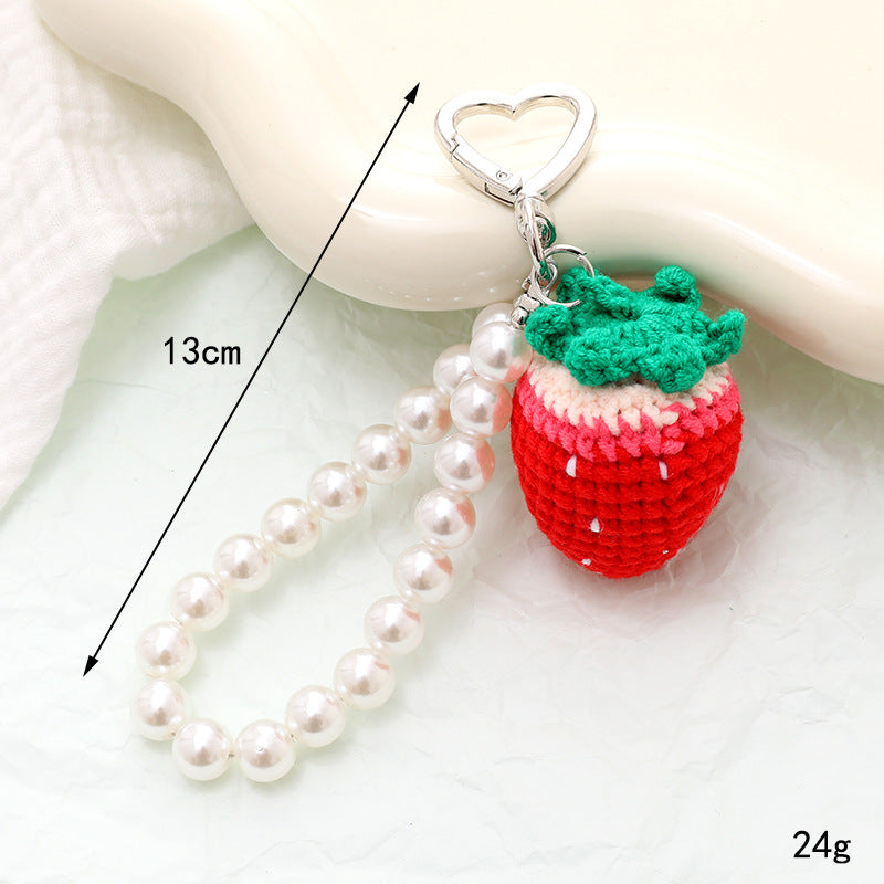 Crochet Fruit Charm Pearl Beaded Keychain - Red