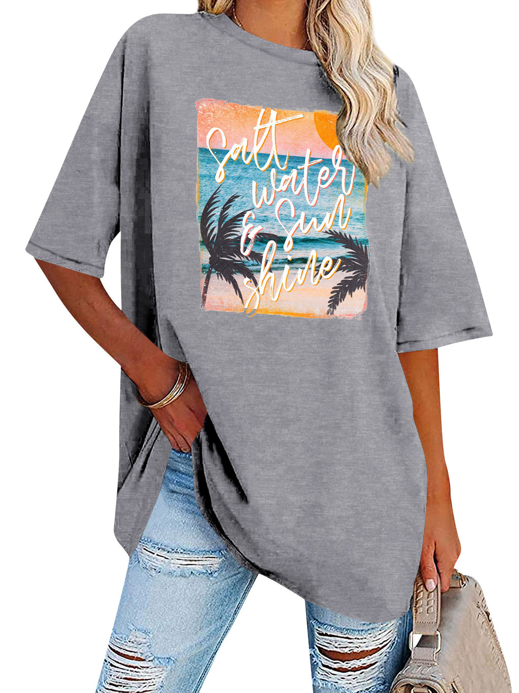 Sunset Palm Graphic Oversized Tunic Tee - Ash