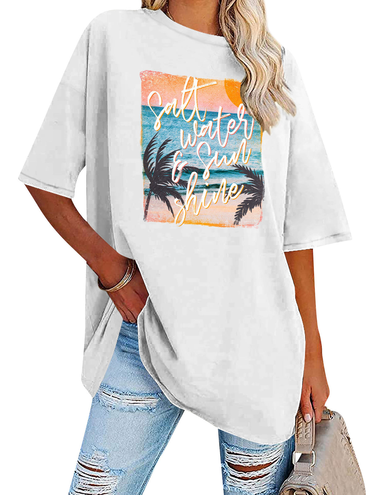 Sunset Palm Graphic Oversized Tunic Tee - White