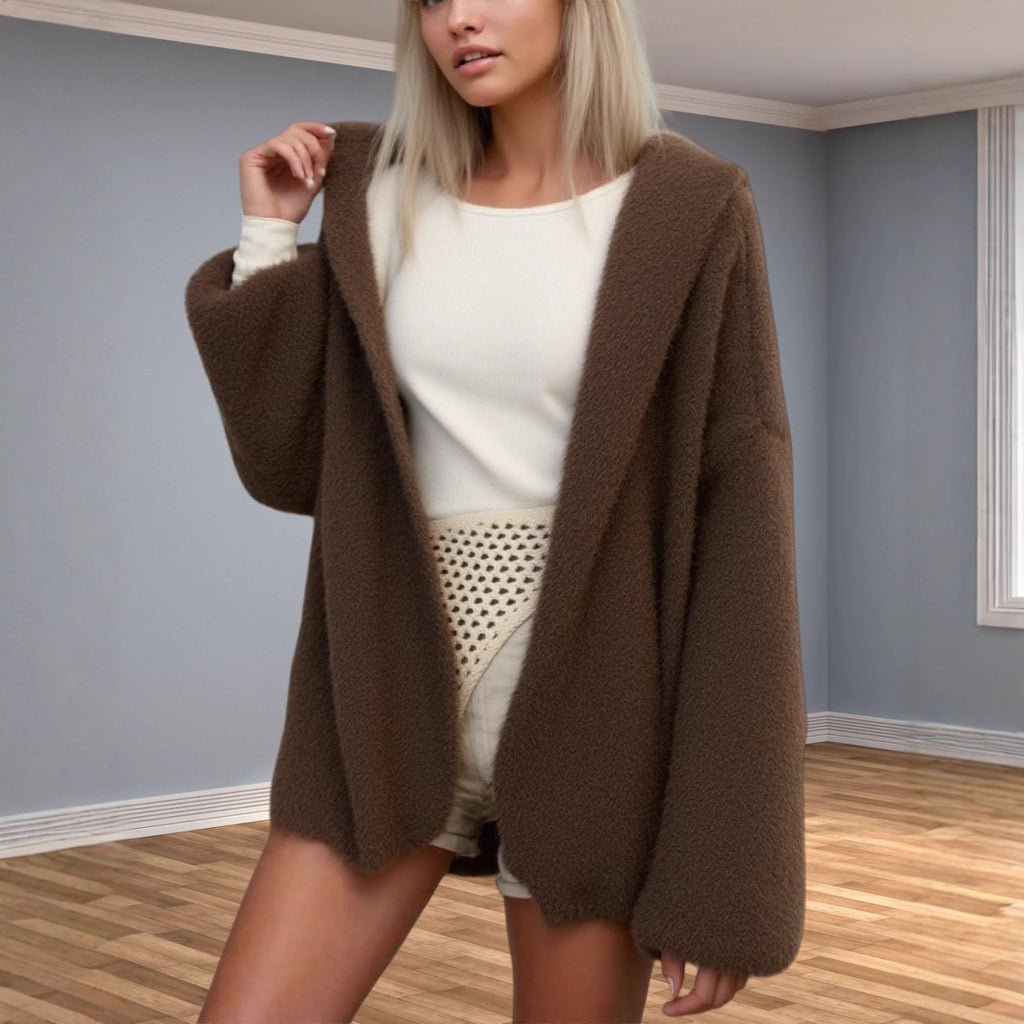 Oversized Hooded Open Front Knit Cardigan - Coffee