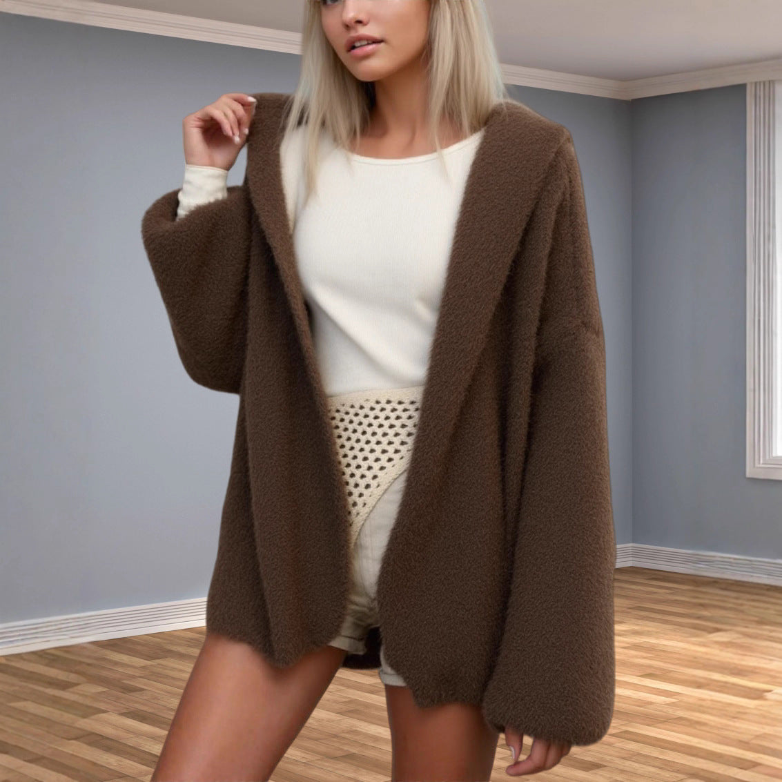 Oversized Hooded Open Front Knit Cardigan - Coffee