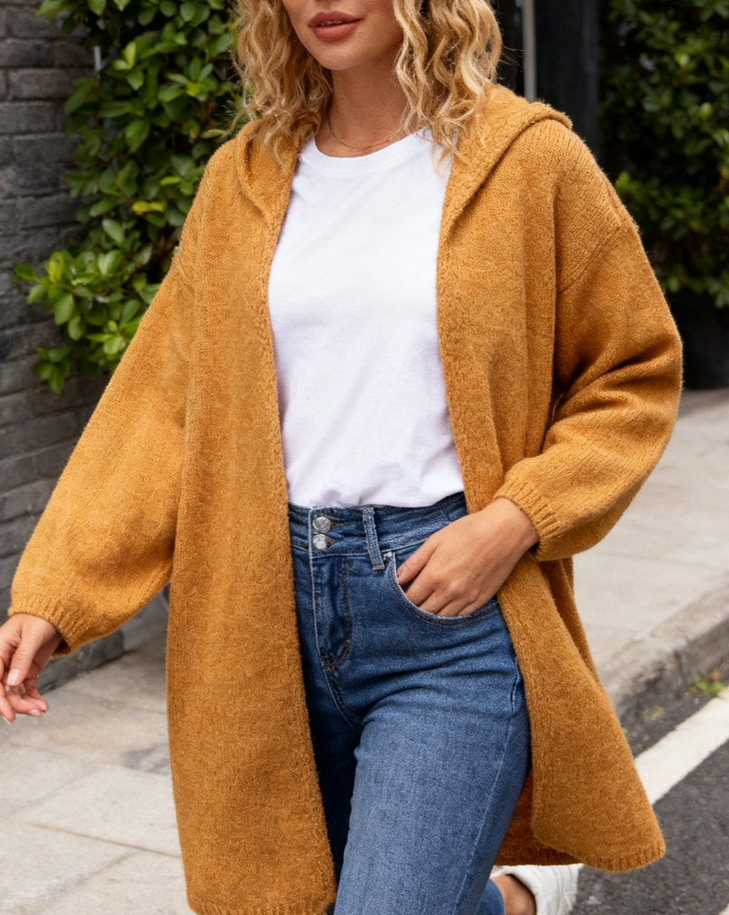 Oversized Hooded Open Front Knit Cardigan - Orange