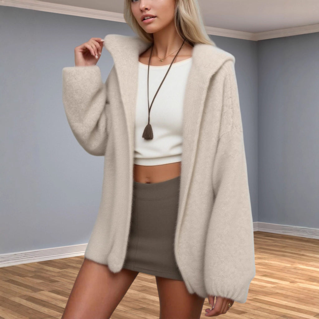 Oversized Hooded Open Front Knit Cardigan - White