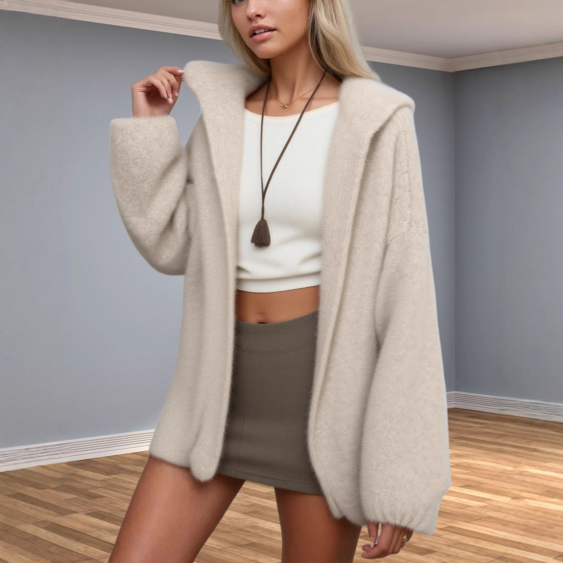 Oversized Hooded Open Front Knit Cardigan - White