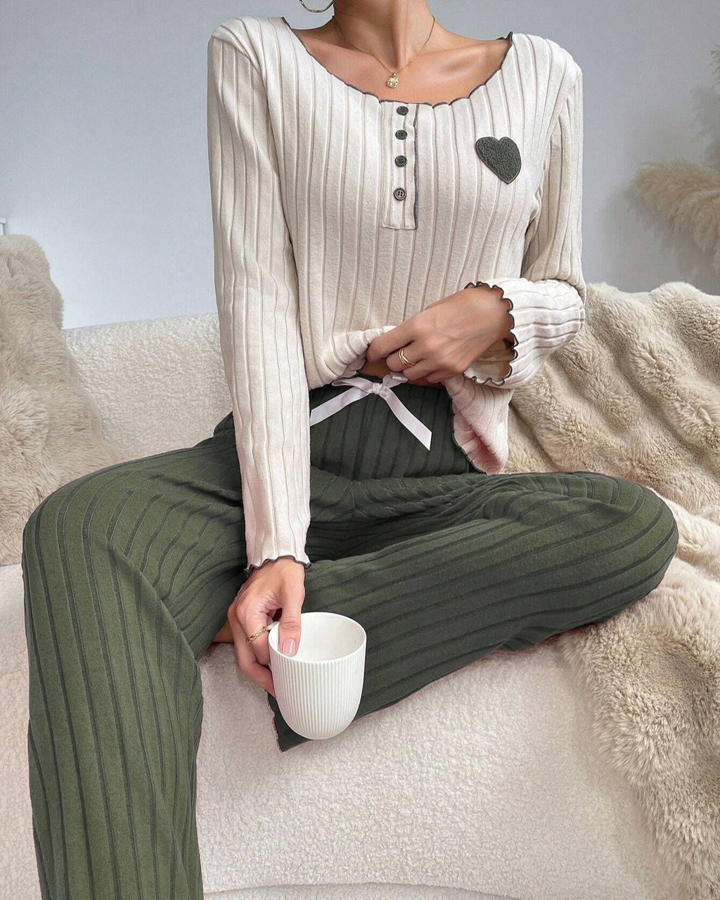 Rib Knit Henley Top And Pants Lounge Set - Green