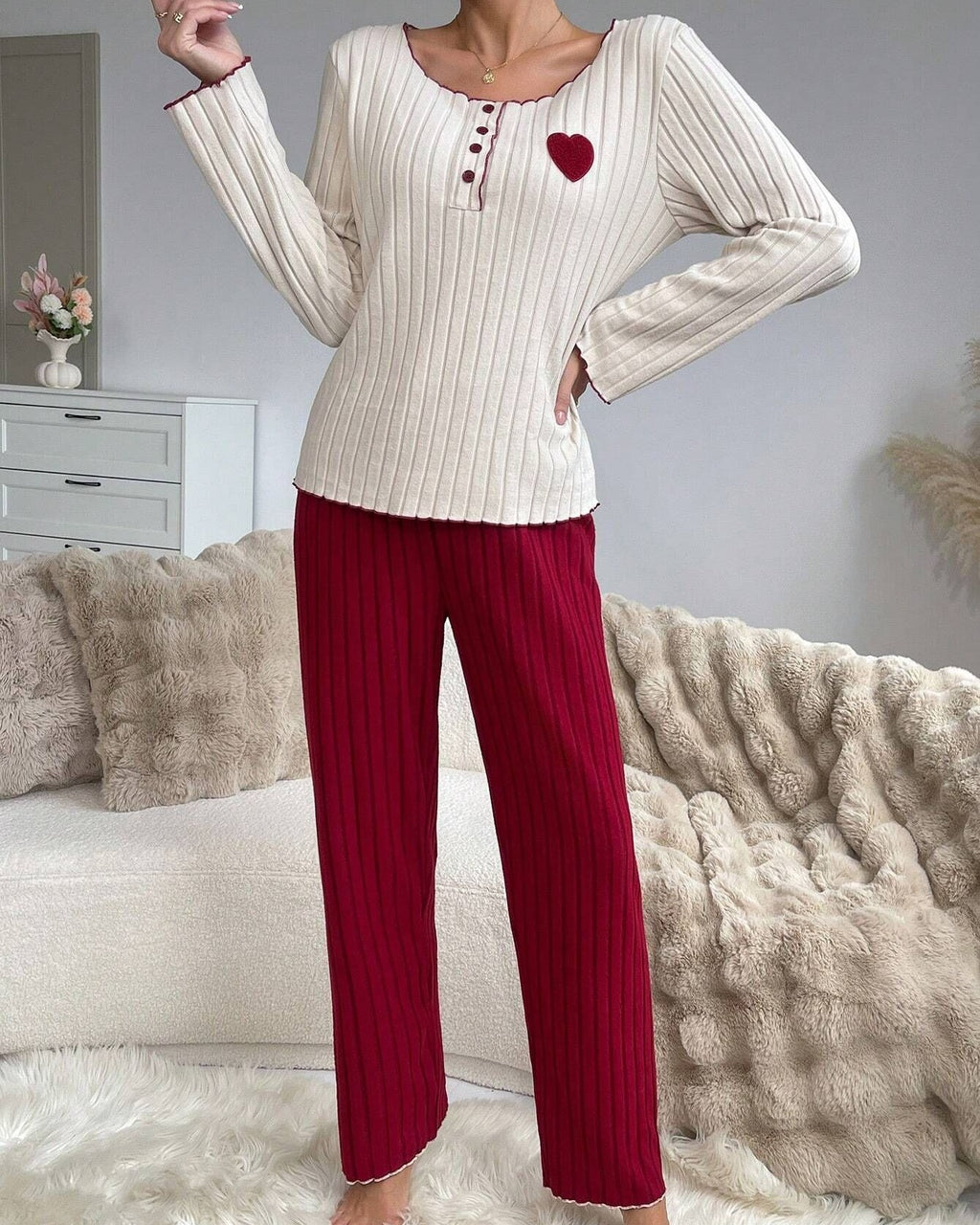 Rib Knit Henley Top And Pants Lounge Set - Red