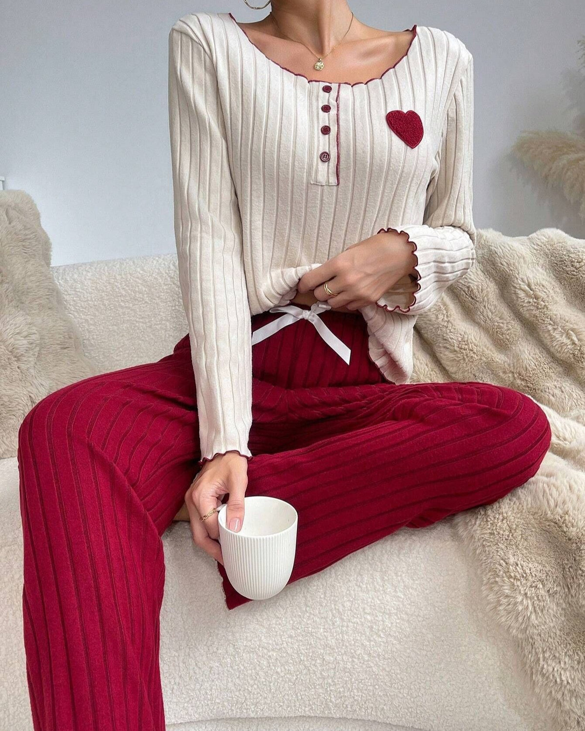 Rib Knit Henley Top And Pants Lounge Set - Red - 1