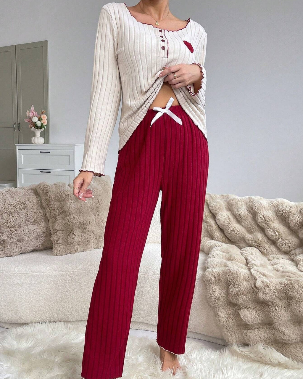 Rib Knit Henley Top And Pants Lounge Set - Red - 2